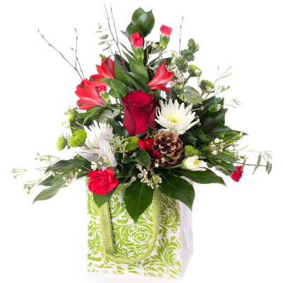 Scarlet & Snow - A festive favourite with timeless appeal, Scarlet & Snow blends rich seasonal reds with crisp white tones and fresh greenery. Presented in a charming gift bag, this rustic yet elegant design captures the warmth and wonder of Christmas giving.